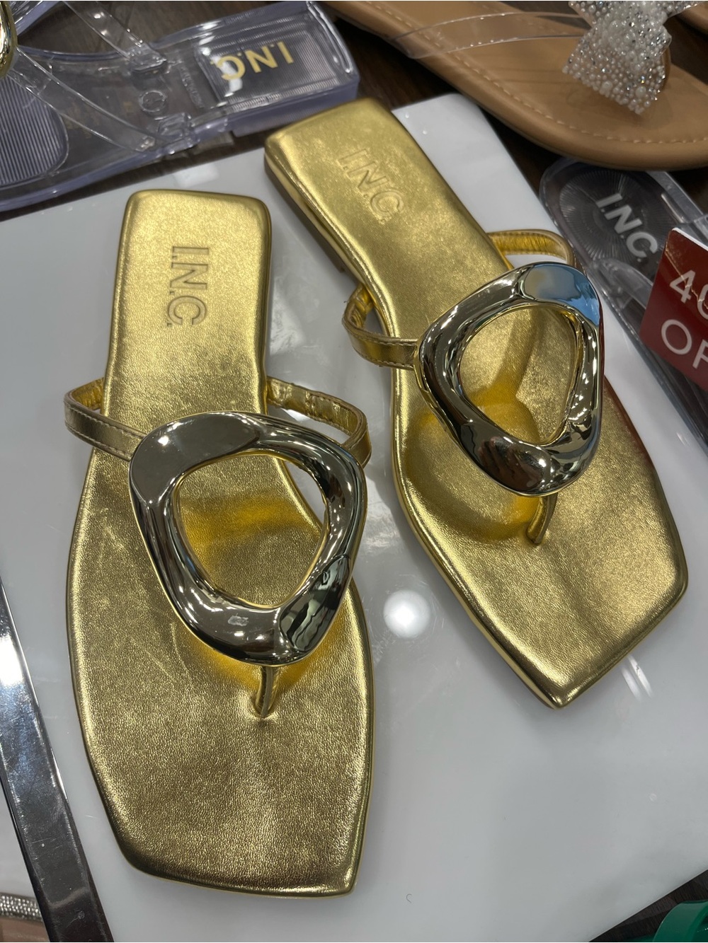 INC International Concepts Metallic Gold Thong Sandals with Sculpted Ring